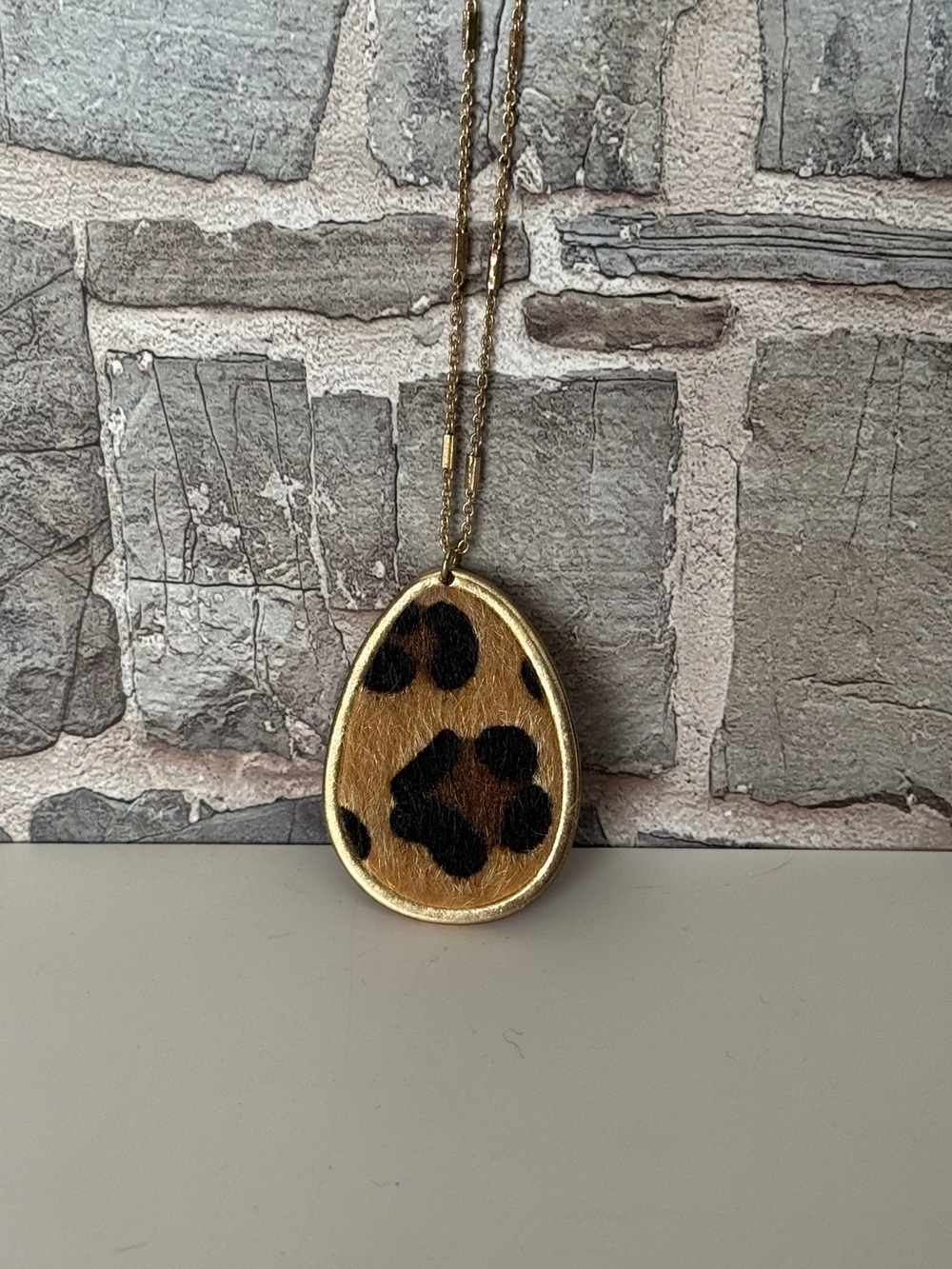 Gold-Trim Leopard Print Teardrop Pendant Necklace